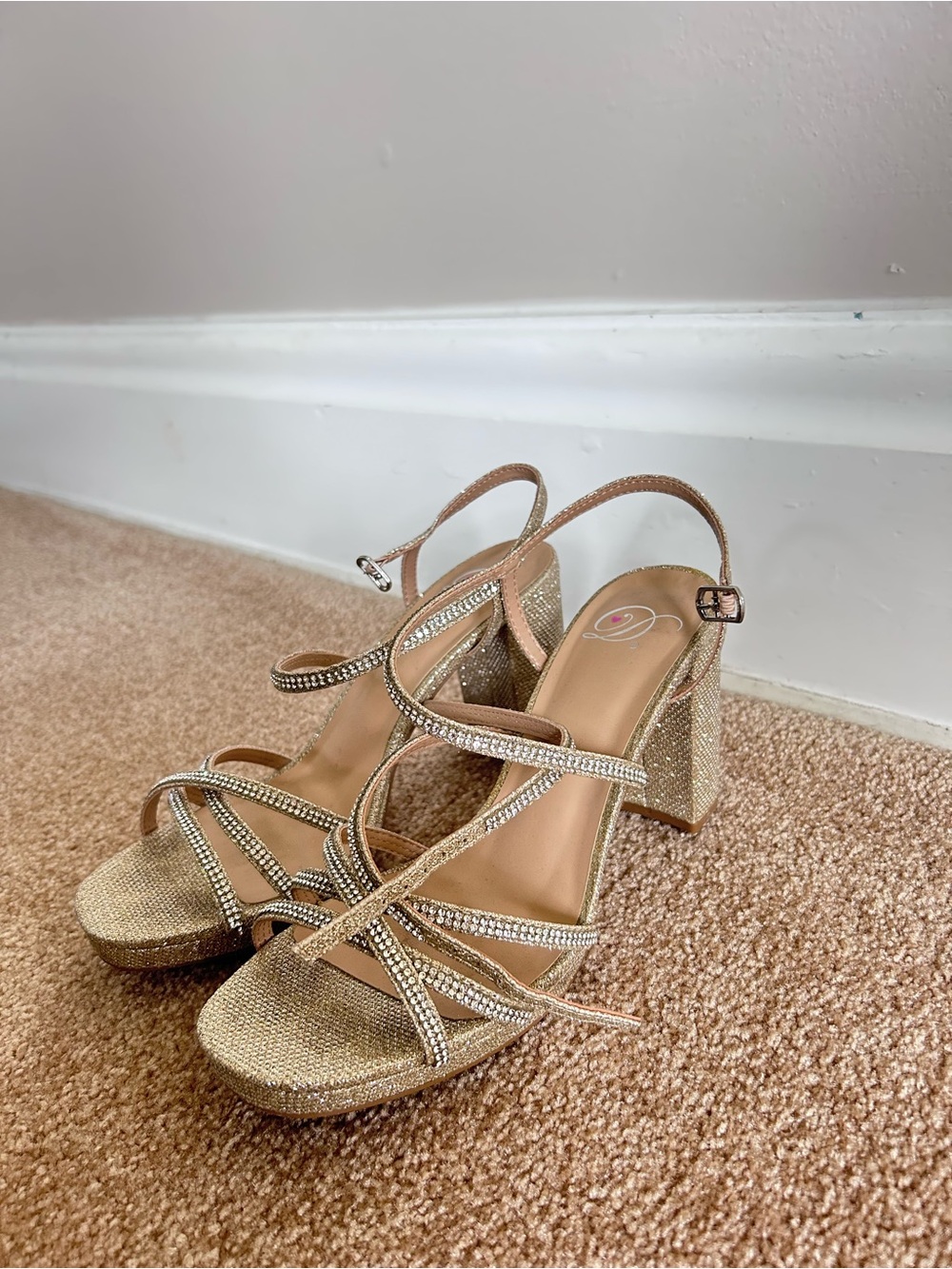 Gold Strappy Block Heel Sandals - Women's Evening Shoes